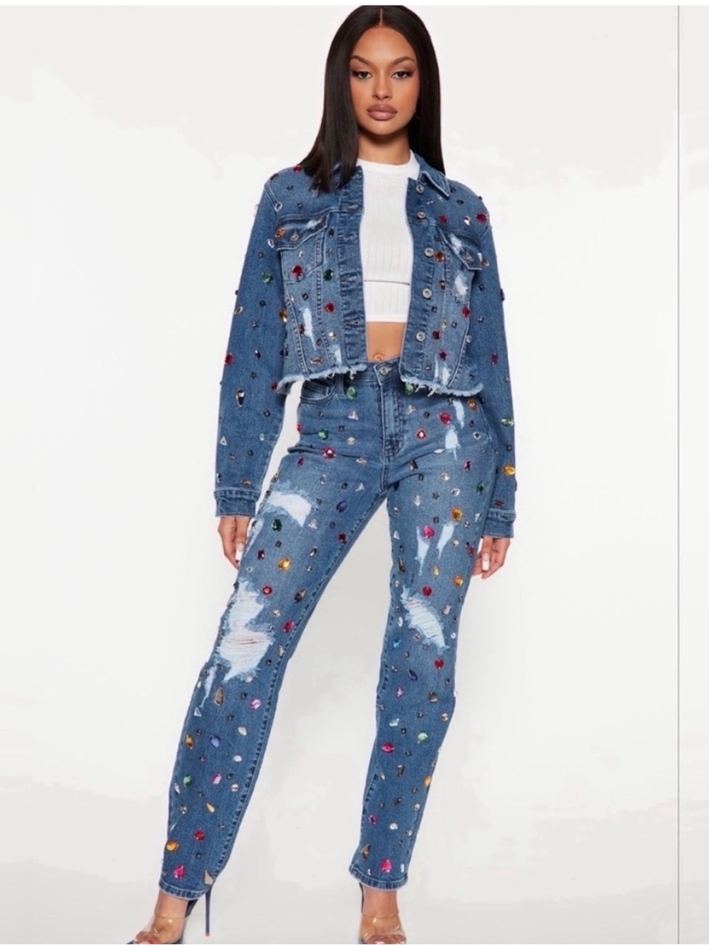 Fashion Nova Blue Embellished Straight Leg Jeans Set